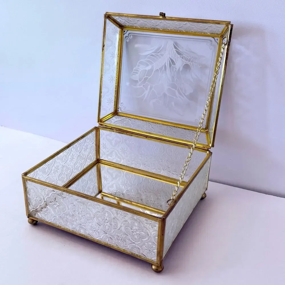 Vintage Brass Glass Box Mirror Floral Textured Side Footed Chain Latch 7 x 6 x 4